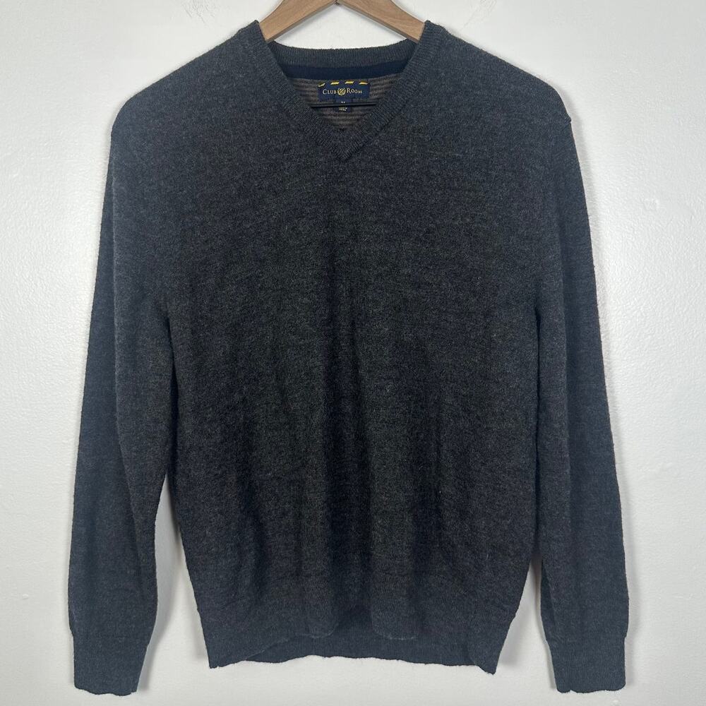 Club Room Mens V-Neck Merino Wool Blend Long Sleeve Dark Grey Sweater Medium